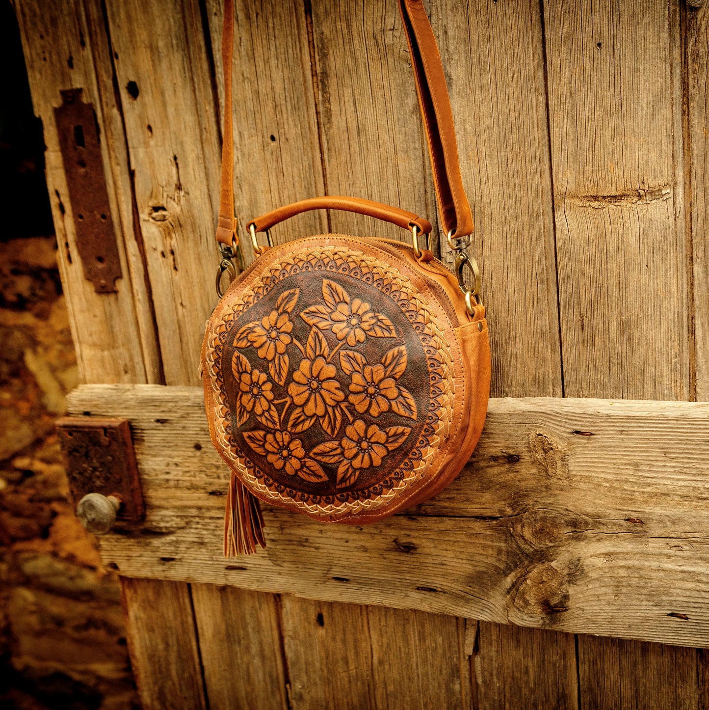 Carved Leather Round Bag
