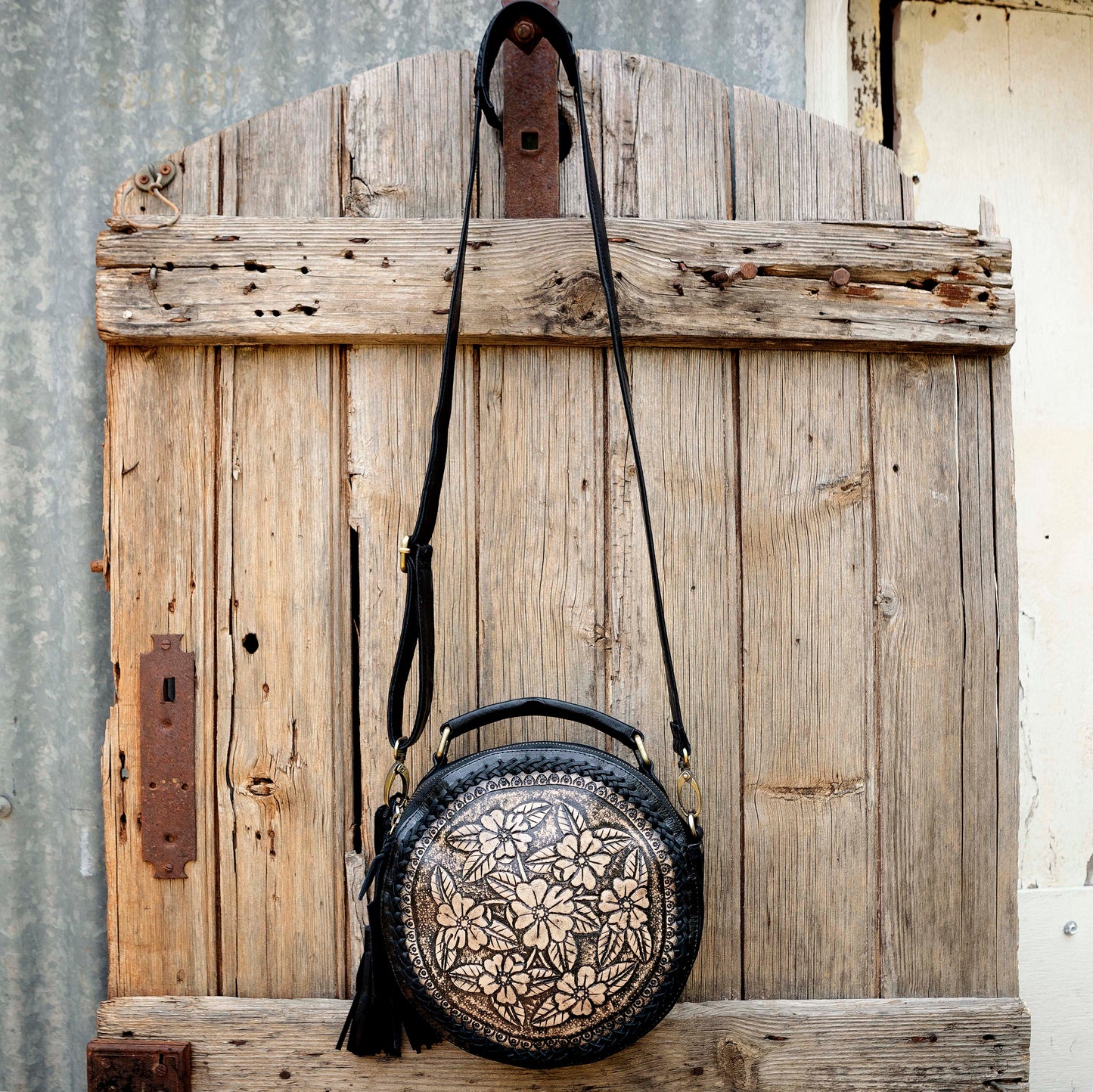 Carved Leather Round Bag