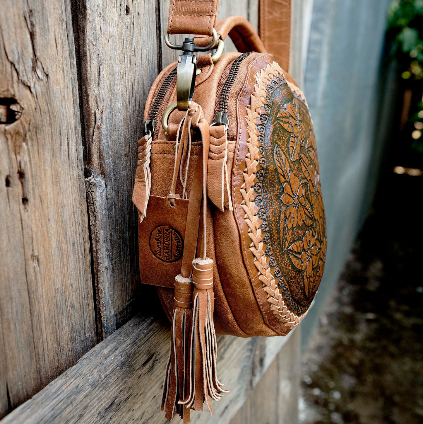 Carved Leather Round Bag