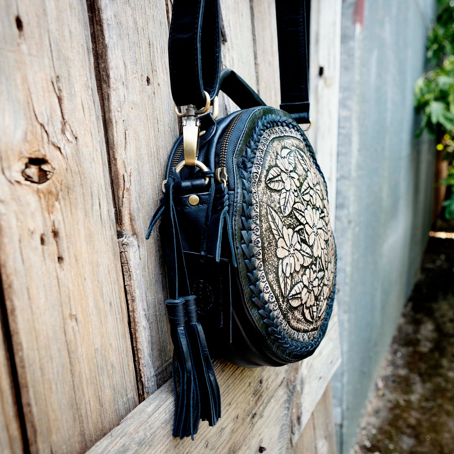 Carved Leather Round Bag