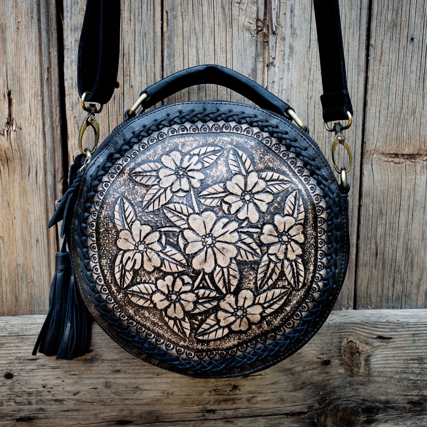 Carved Leather Round Bag
