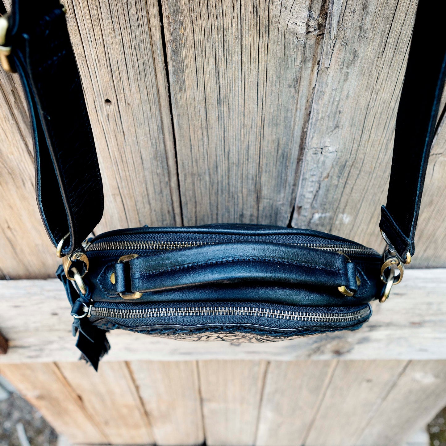 Carved Leather Round Bag