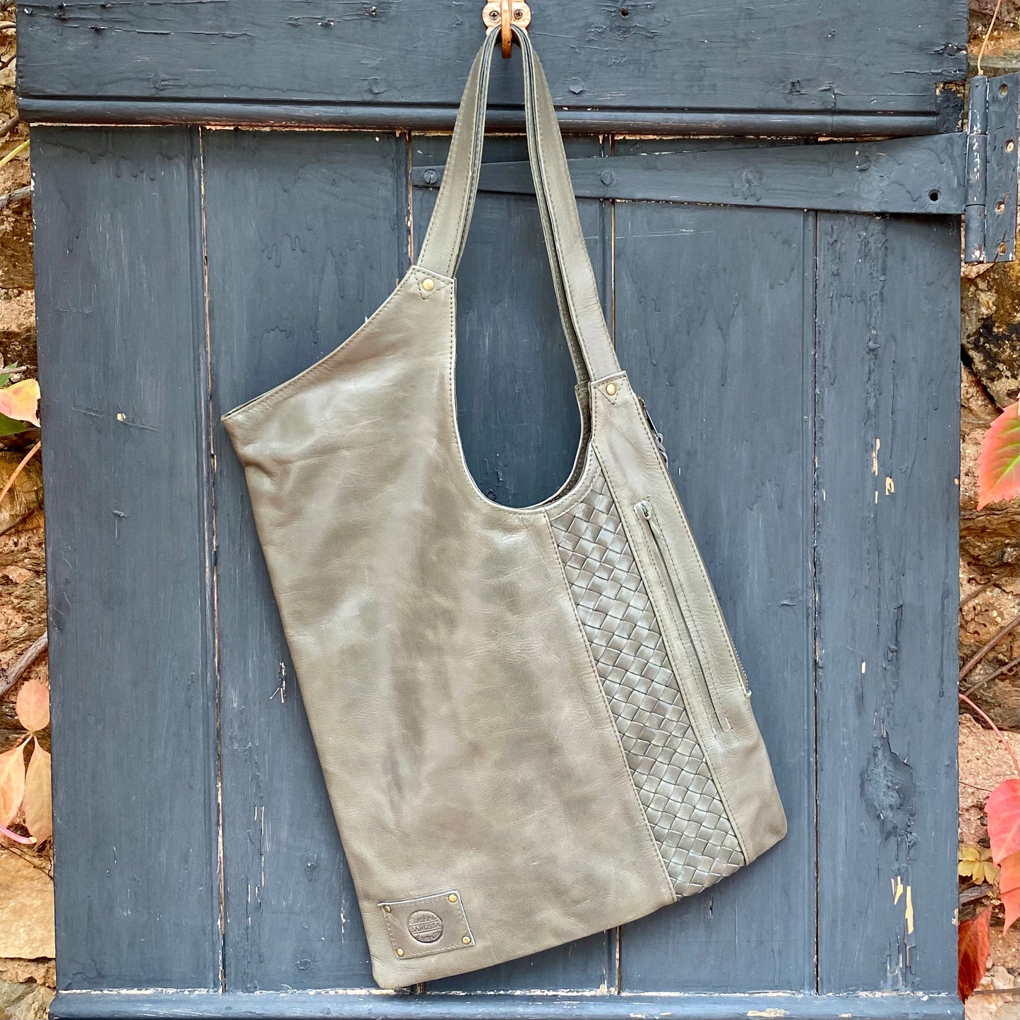 Slimline Weave Panel Leather Shoulder Bag