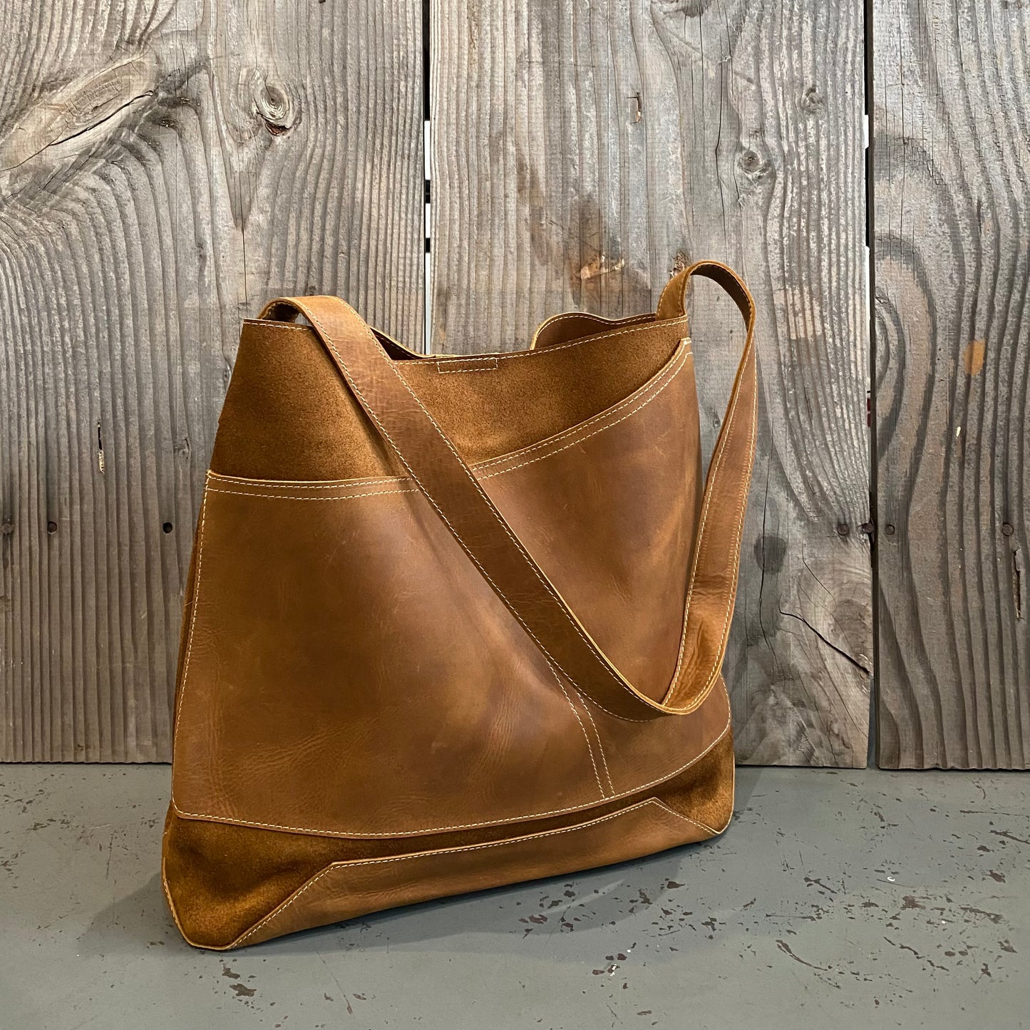 Drink Bottle Pocket Suede & Leather Tote