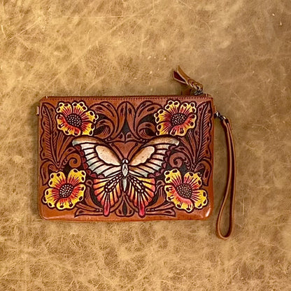 Carved Leather Butterfly Boho Clutch