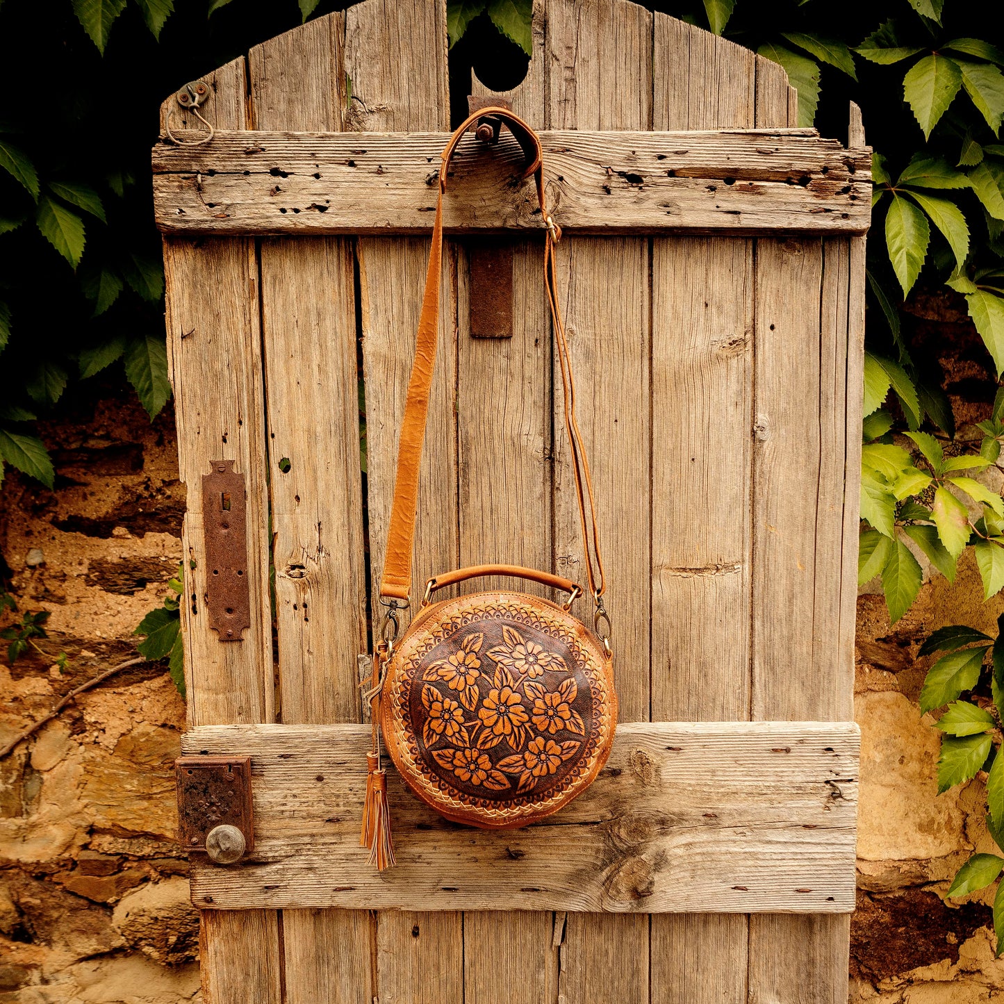 Carved Leather Round Bag