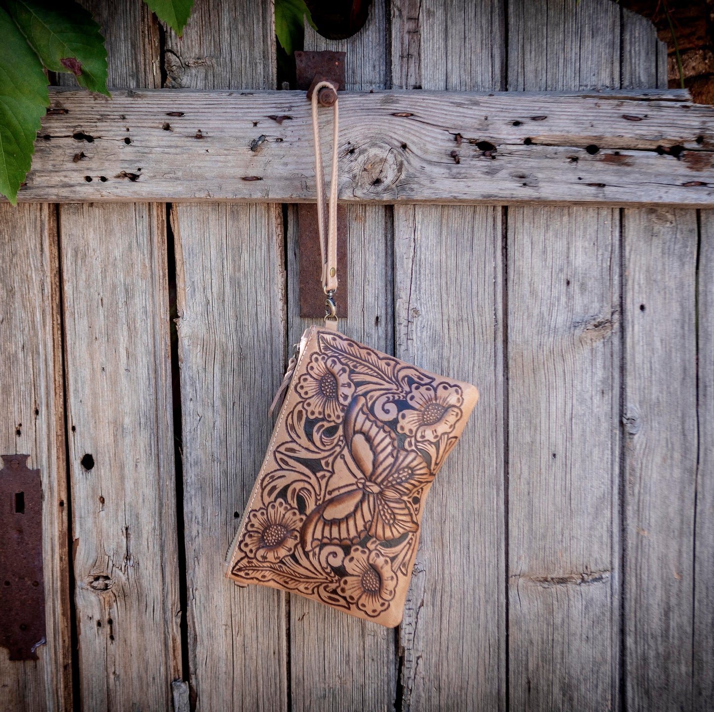 Carved Leather Butterfly Boho Clutch