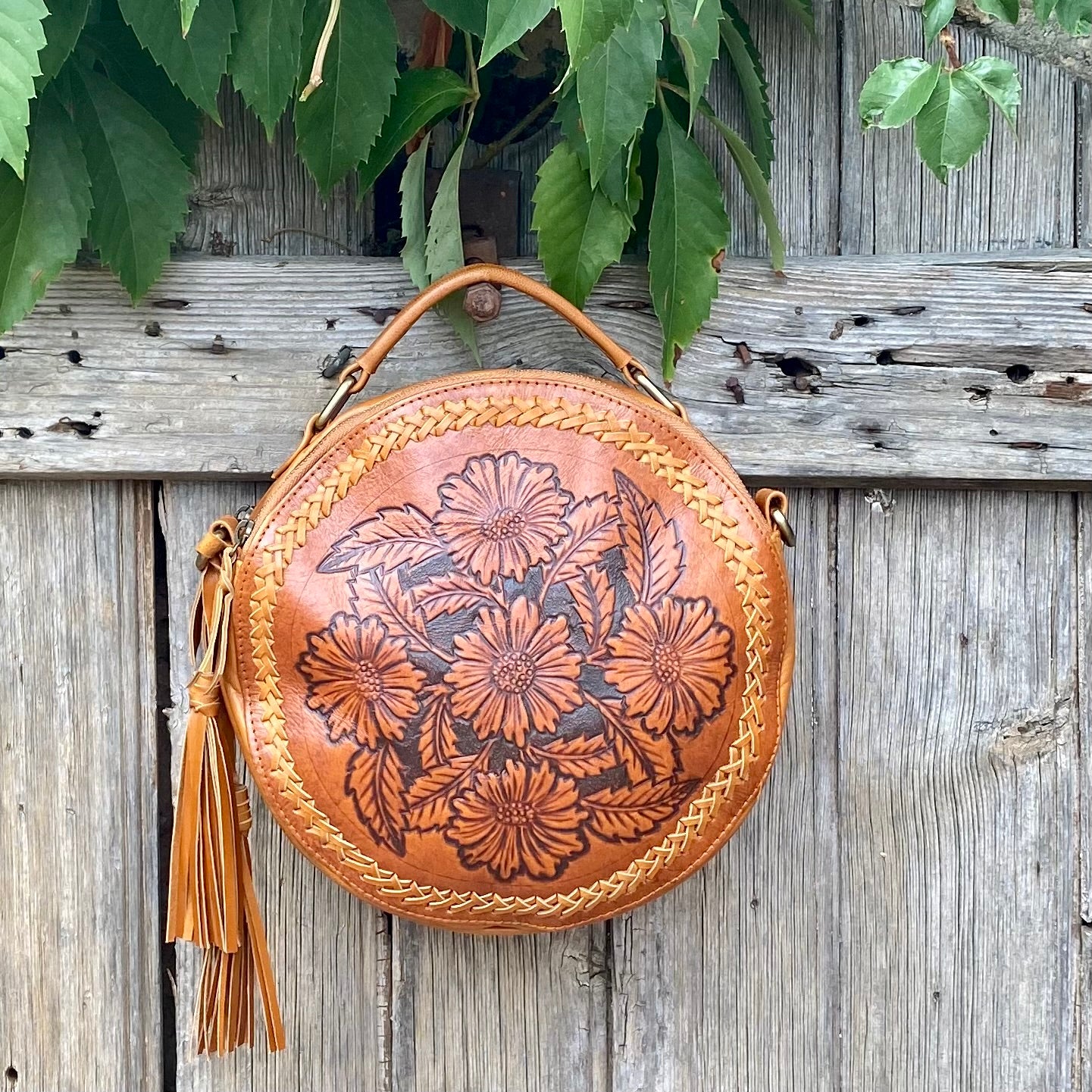 Carved Leather Round Bag