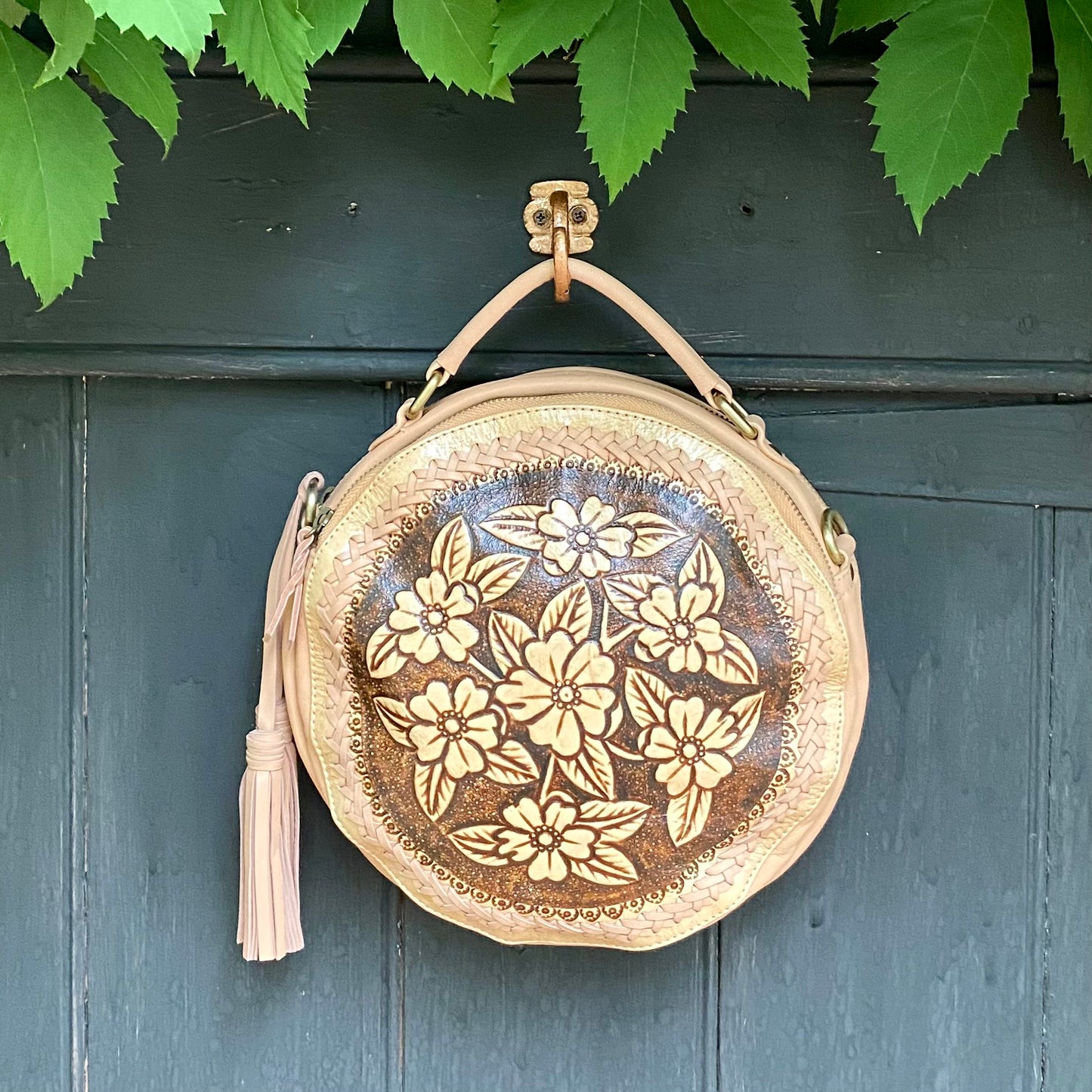 Carved Leather Round Bag