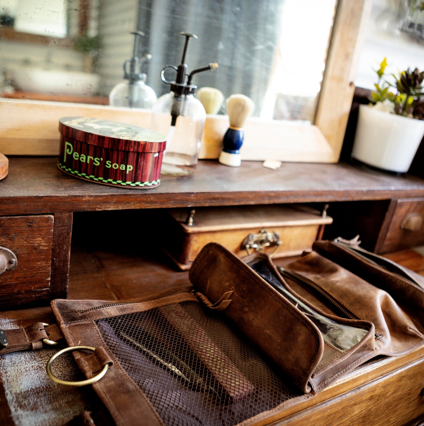 Buffalo Hide Leather Hanging Toiletry Roll