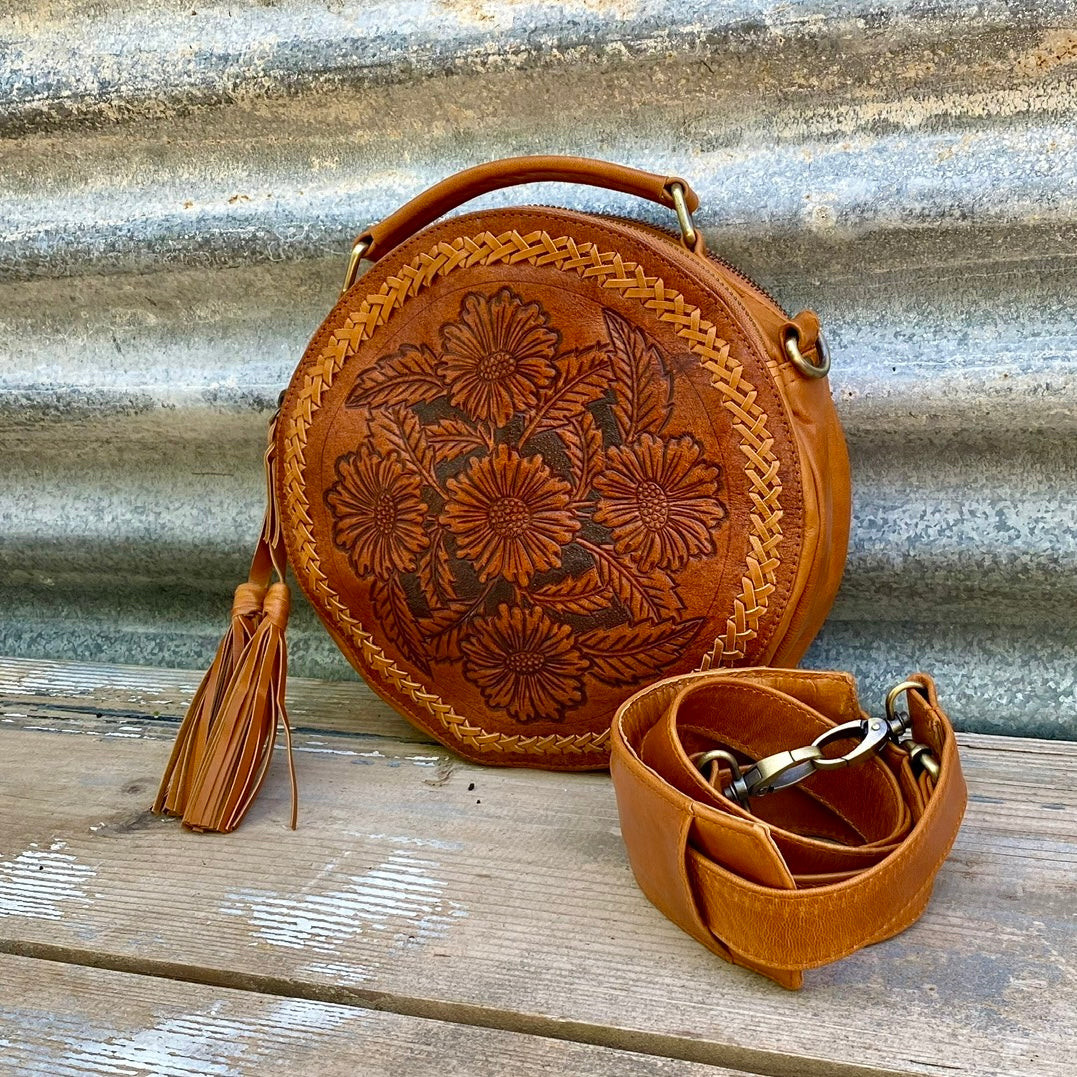 Carved Leather Round Bag