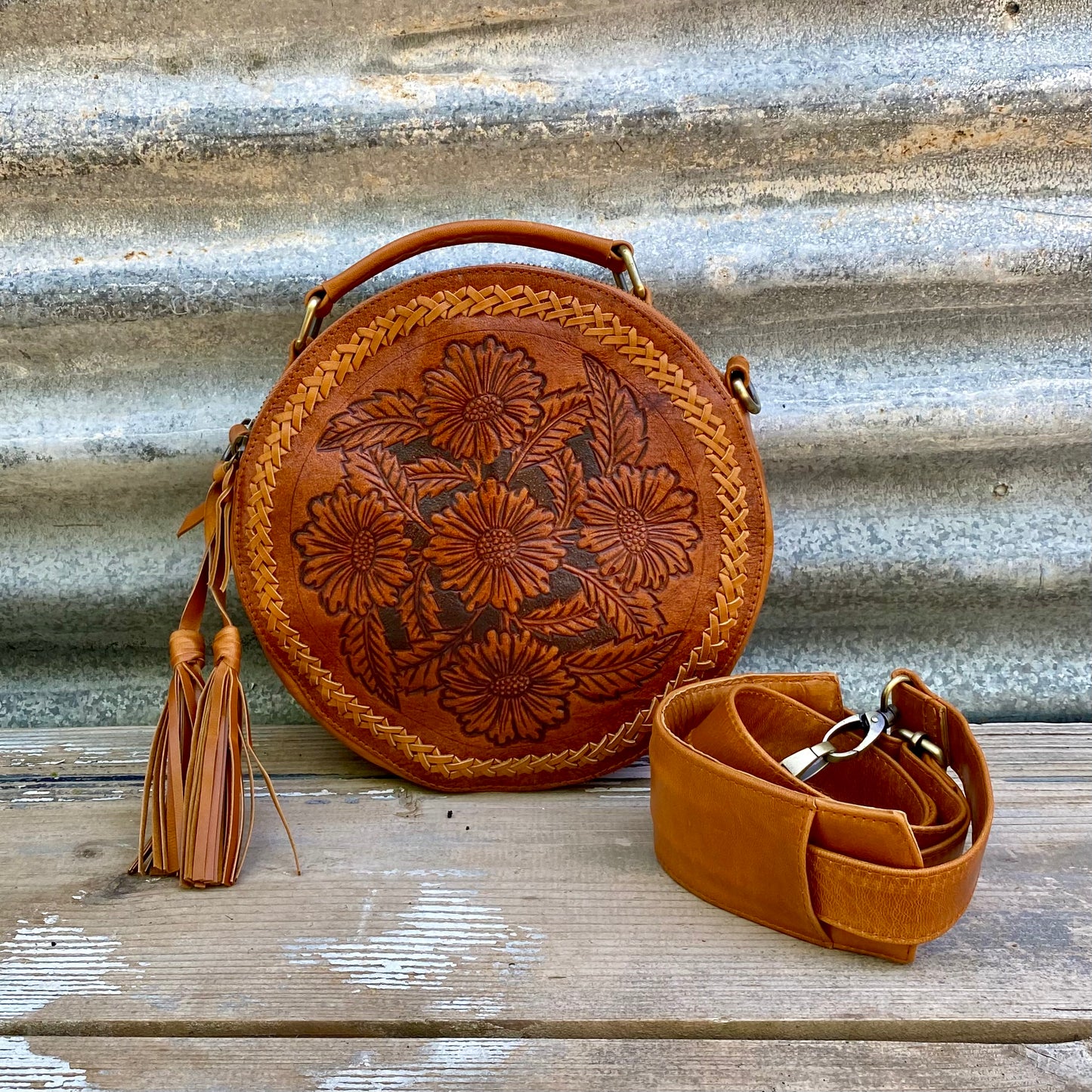 Carved Leather Round Bag