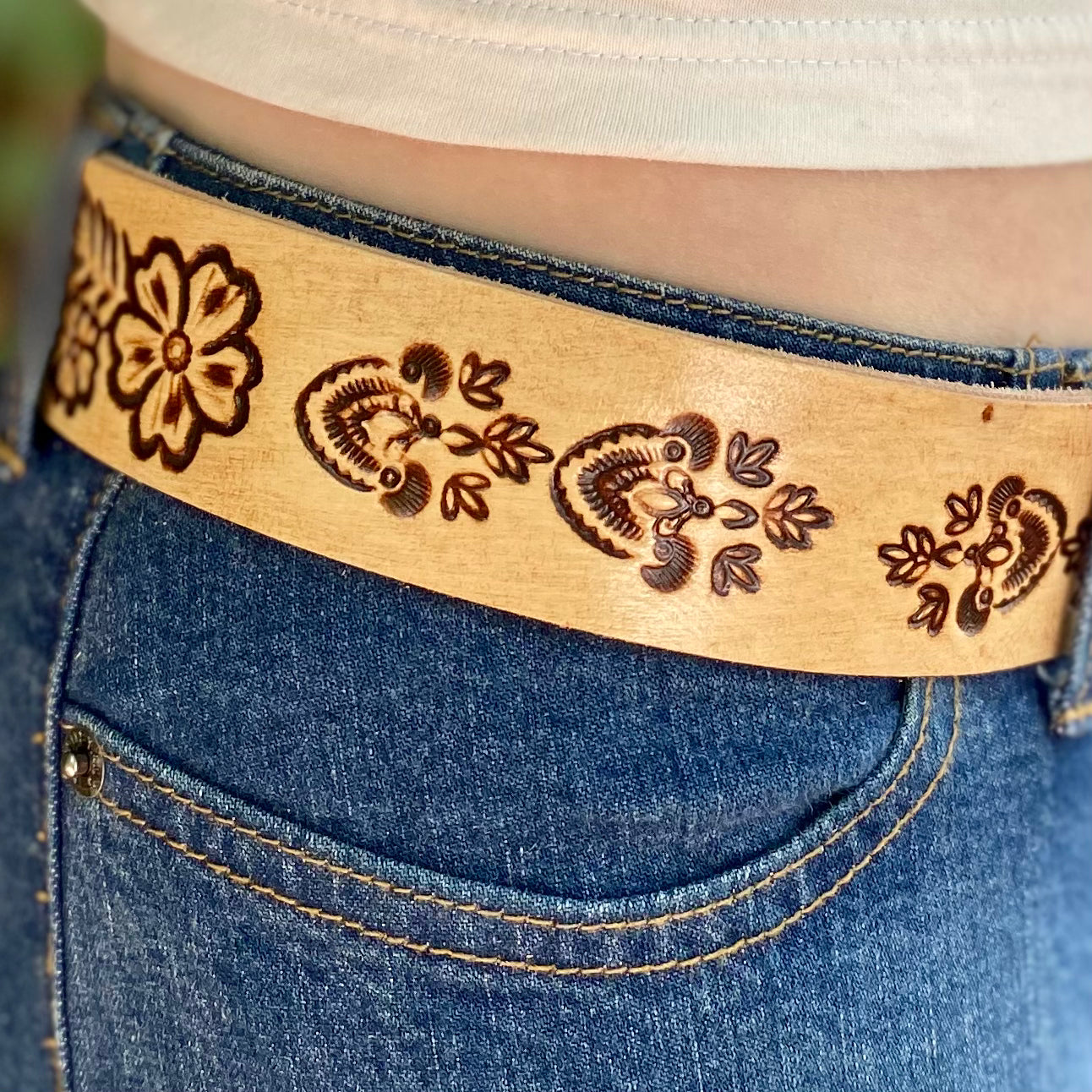 Natural Carved Leather Belt