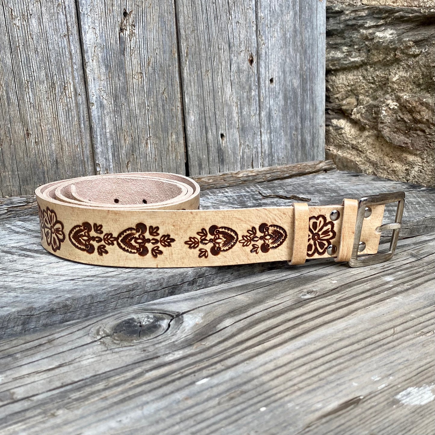 Natural Carved Leather Belt