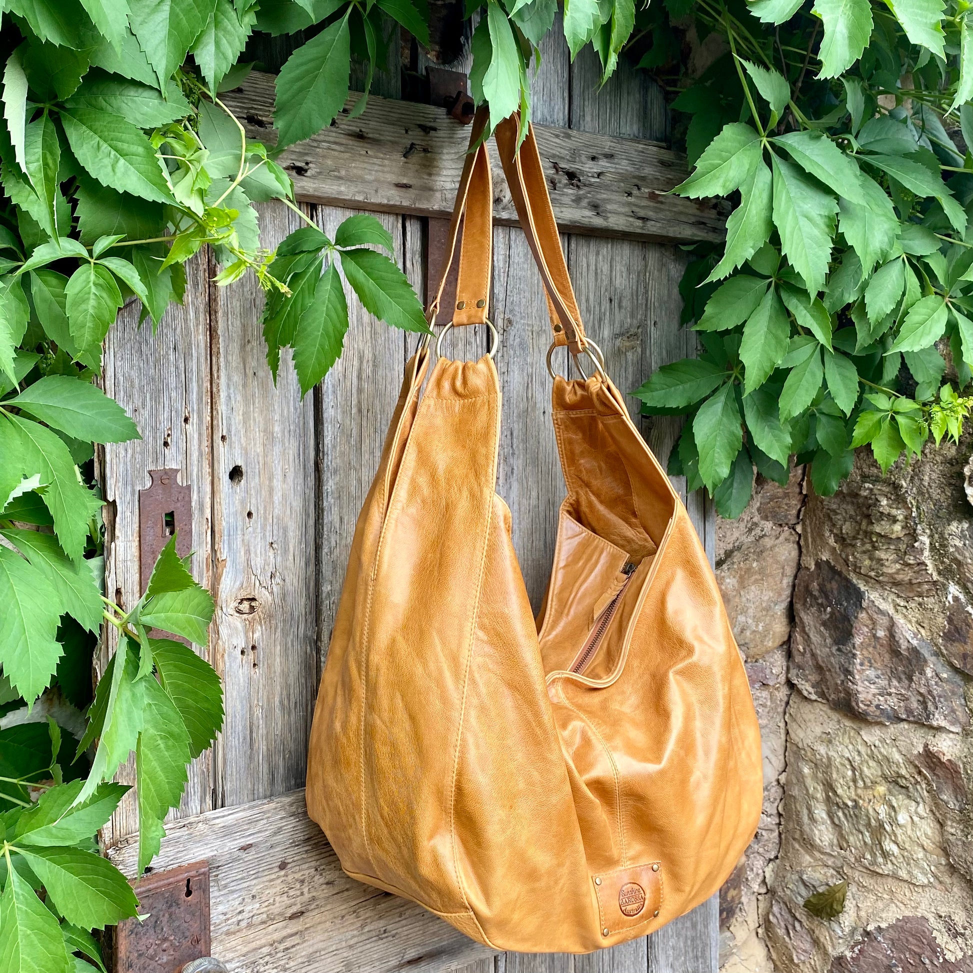 Brown leather top slouch bag