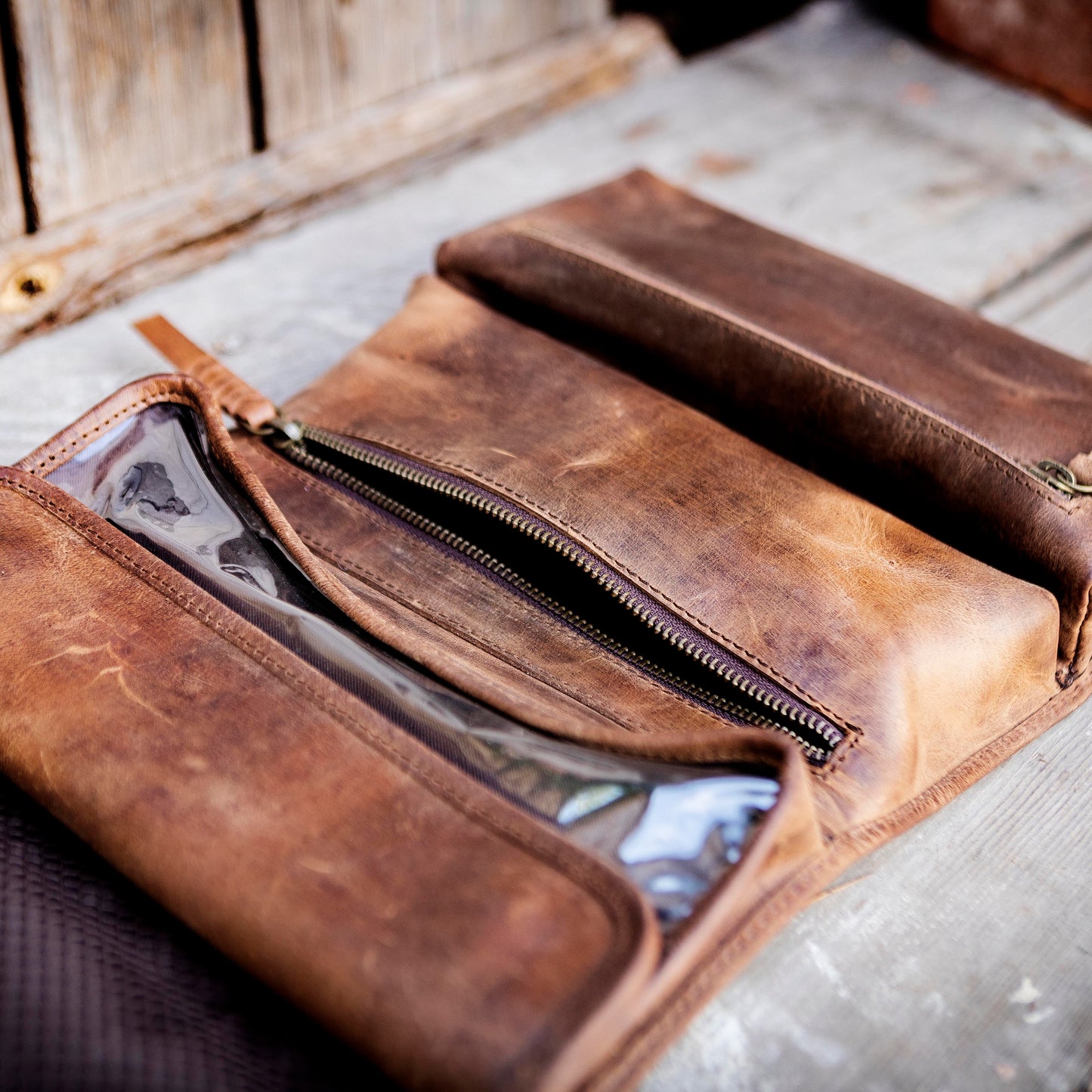 Buffalo Hide Leather Hanging Toiletry Roll