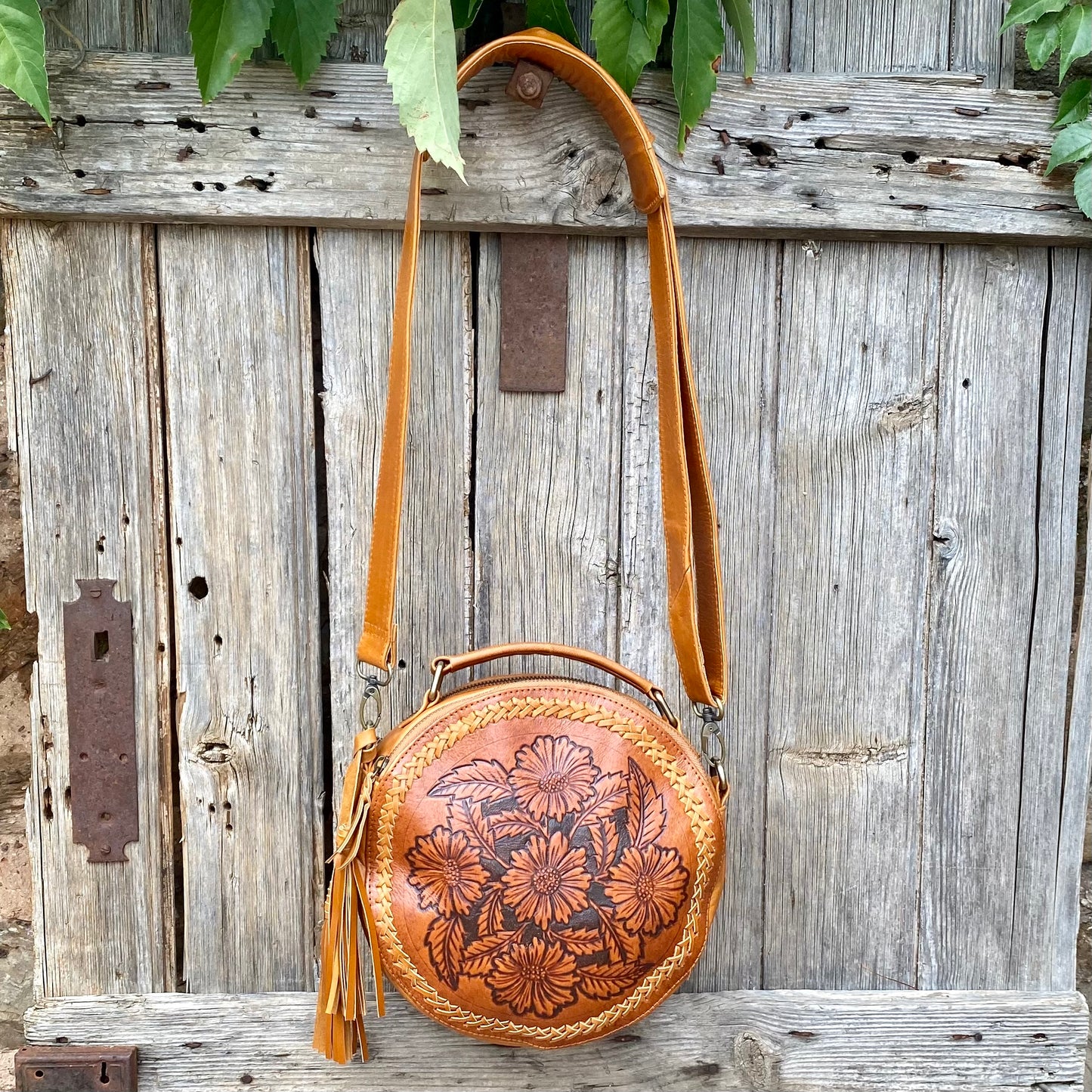 Carved Leather Round Bag