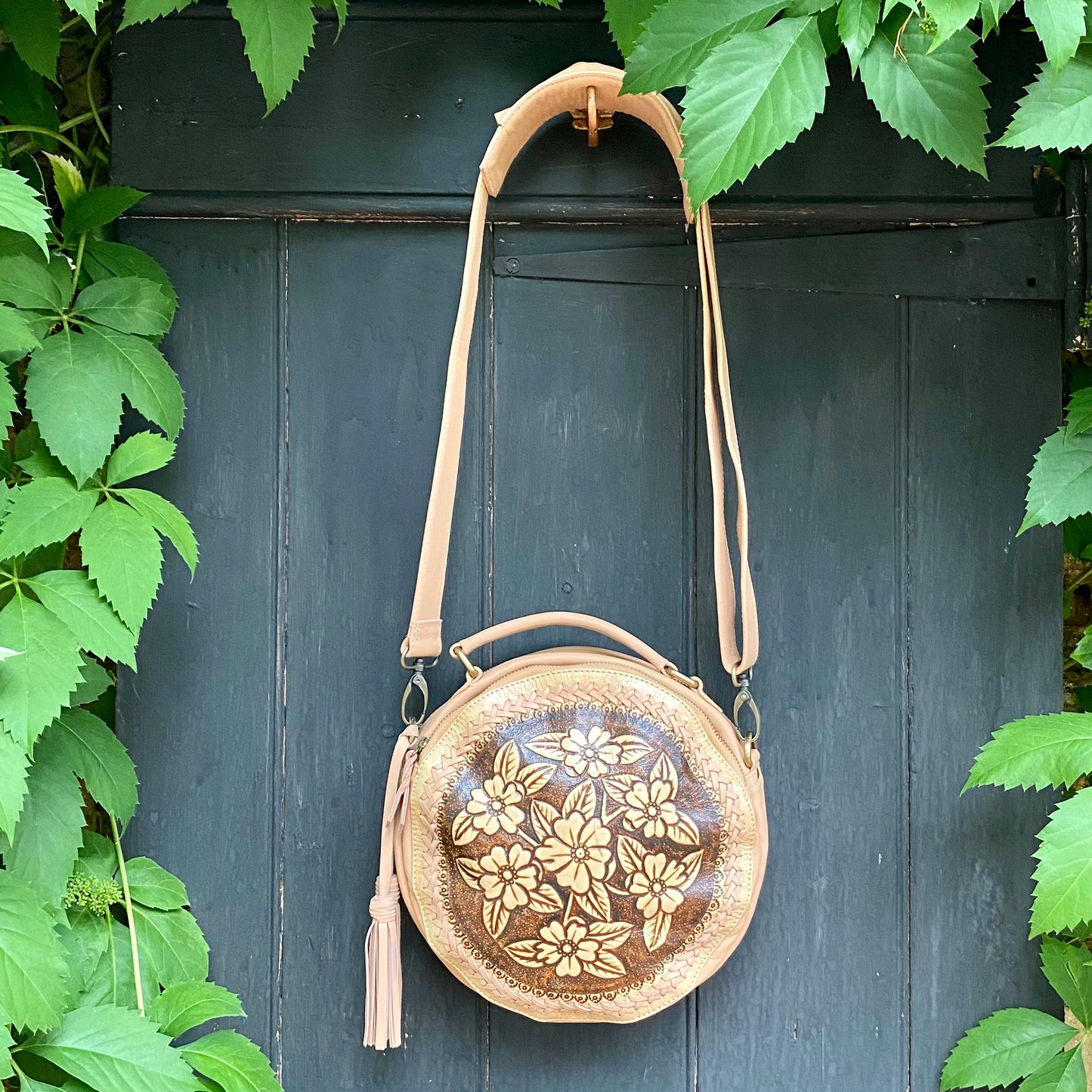 Carved Leather Round Bag