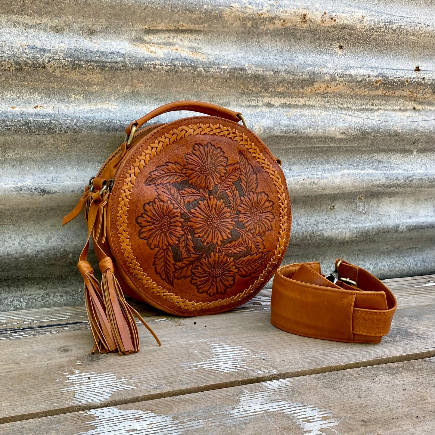 Carved Leather Round Bag