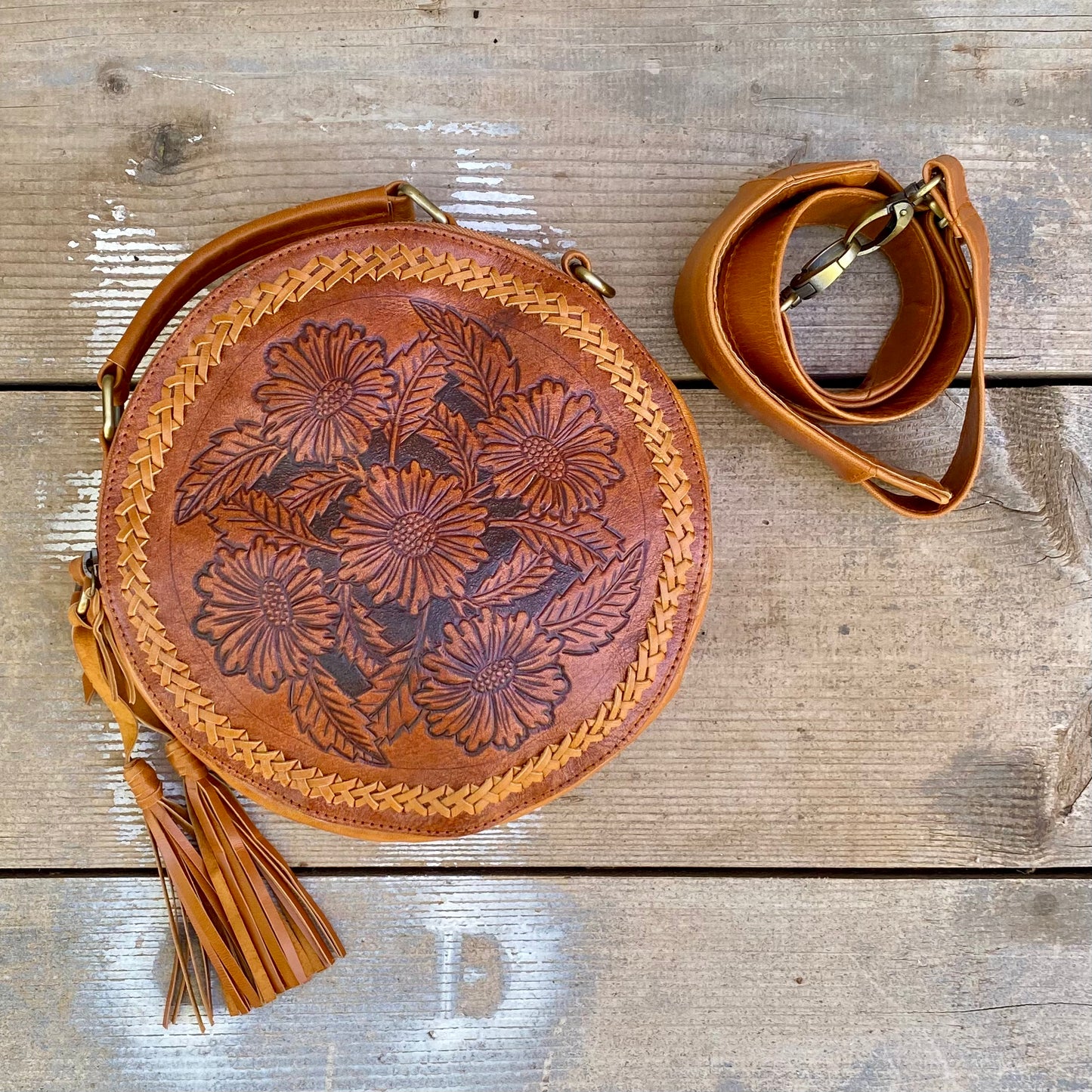 Carved Leather Round Bag