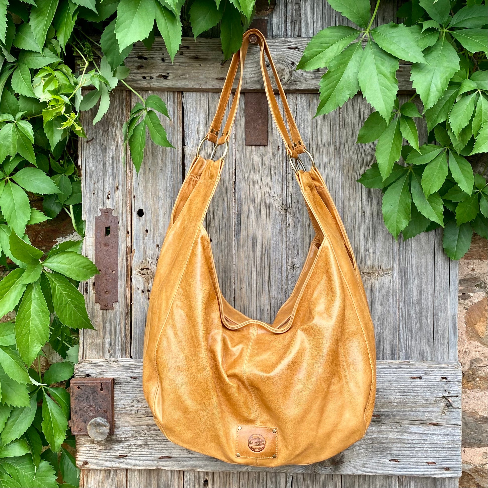 Brown leather top slouch bag