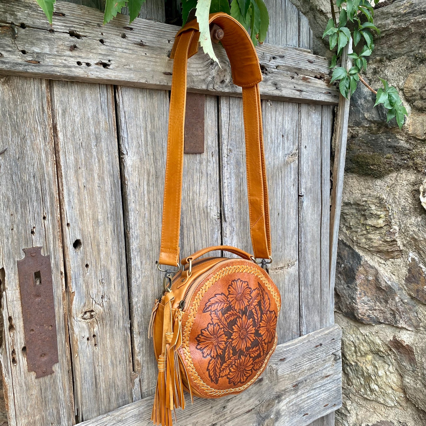 Carved Leather Round Bag