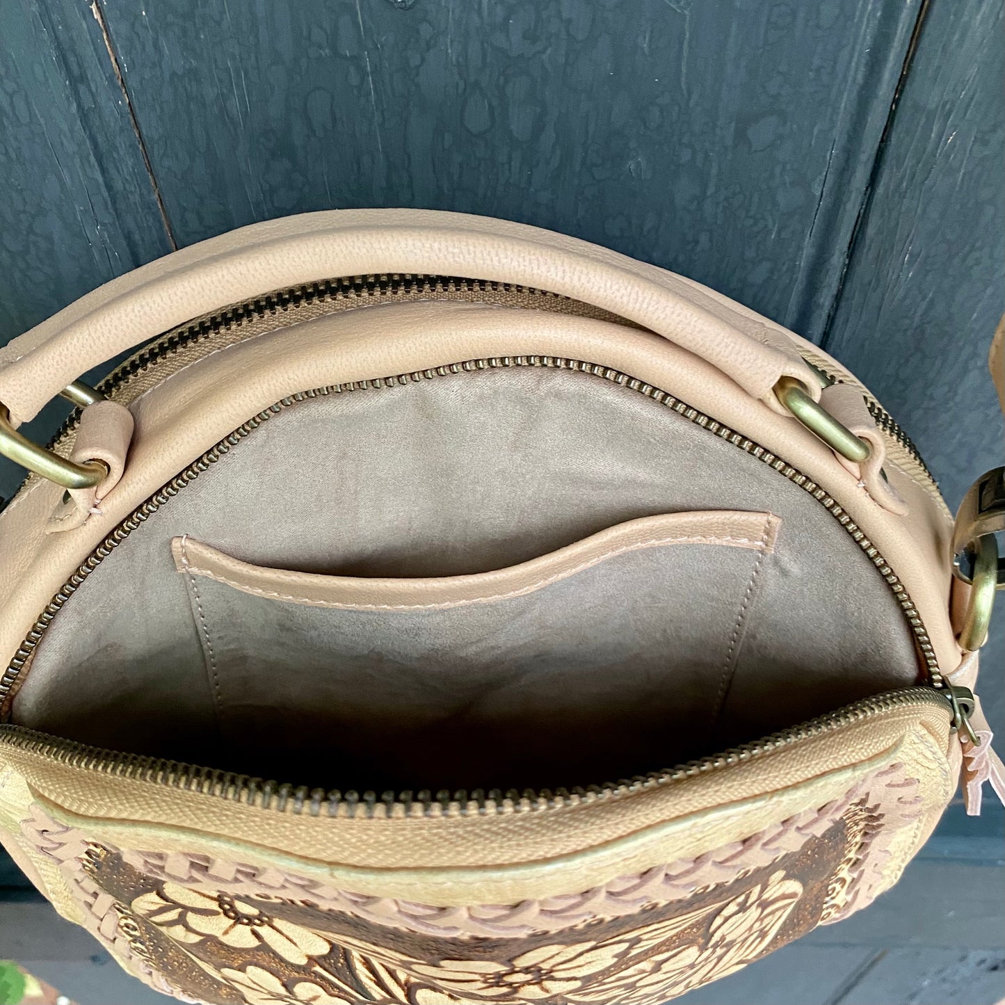 Carved Leather Round Bag